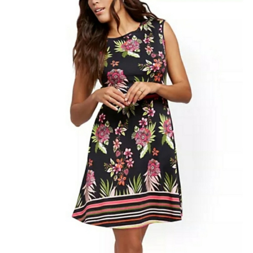 Black/Pink/Green Tropical Floral New York & Company Dress